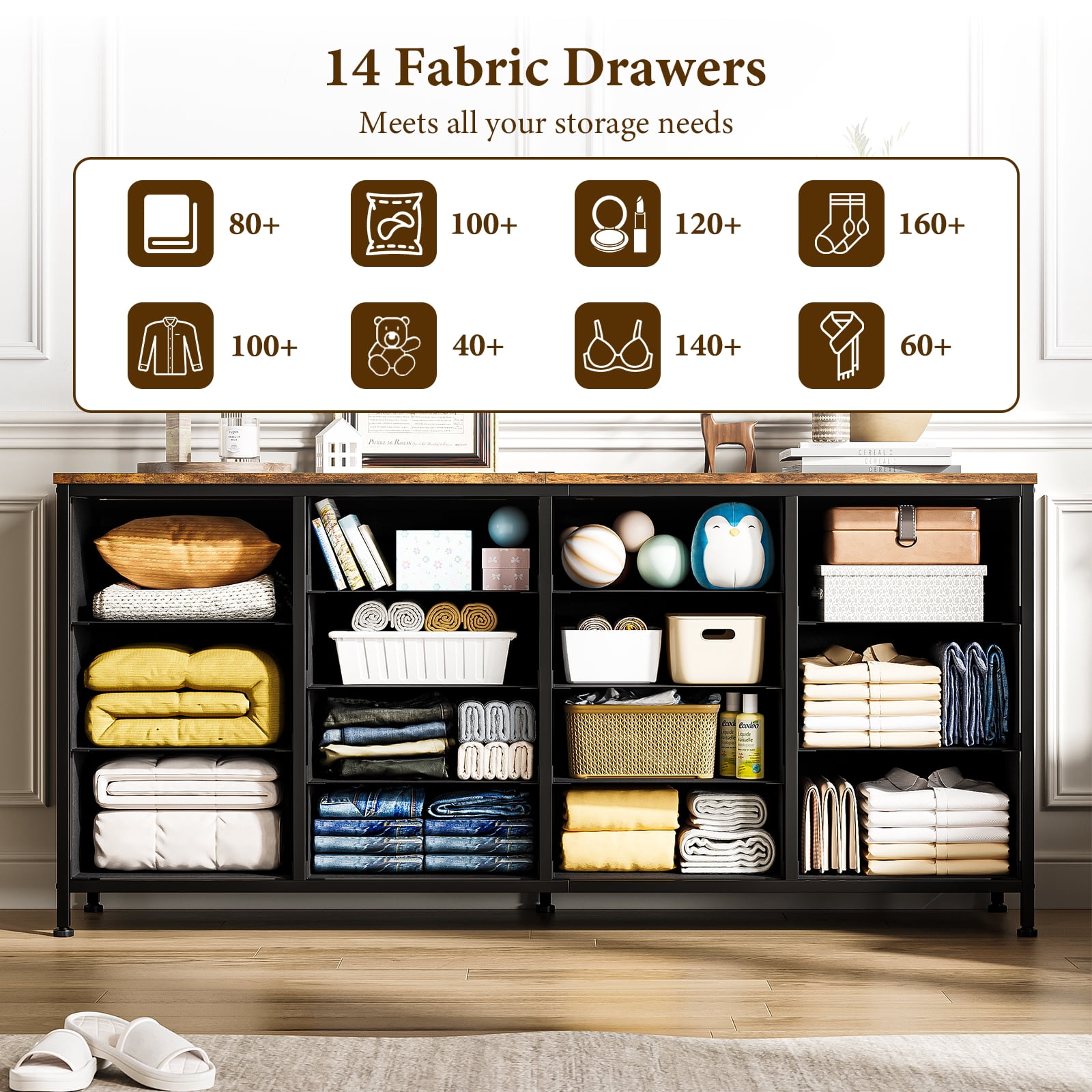 PIONEERWORKS 14-Drawer Dresser TV Stand, 63" Wide Fabric Storage Cabinet with Power Outlets for Bedroom, Entertainment Center for 65-75 Inch TVs, Black