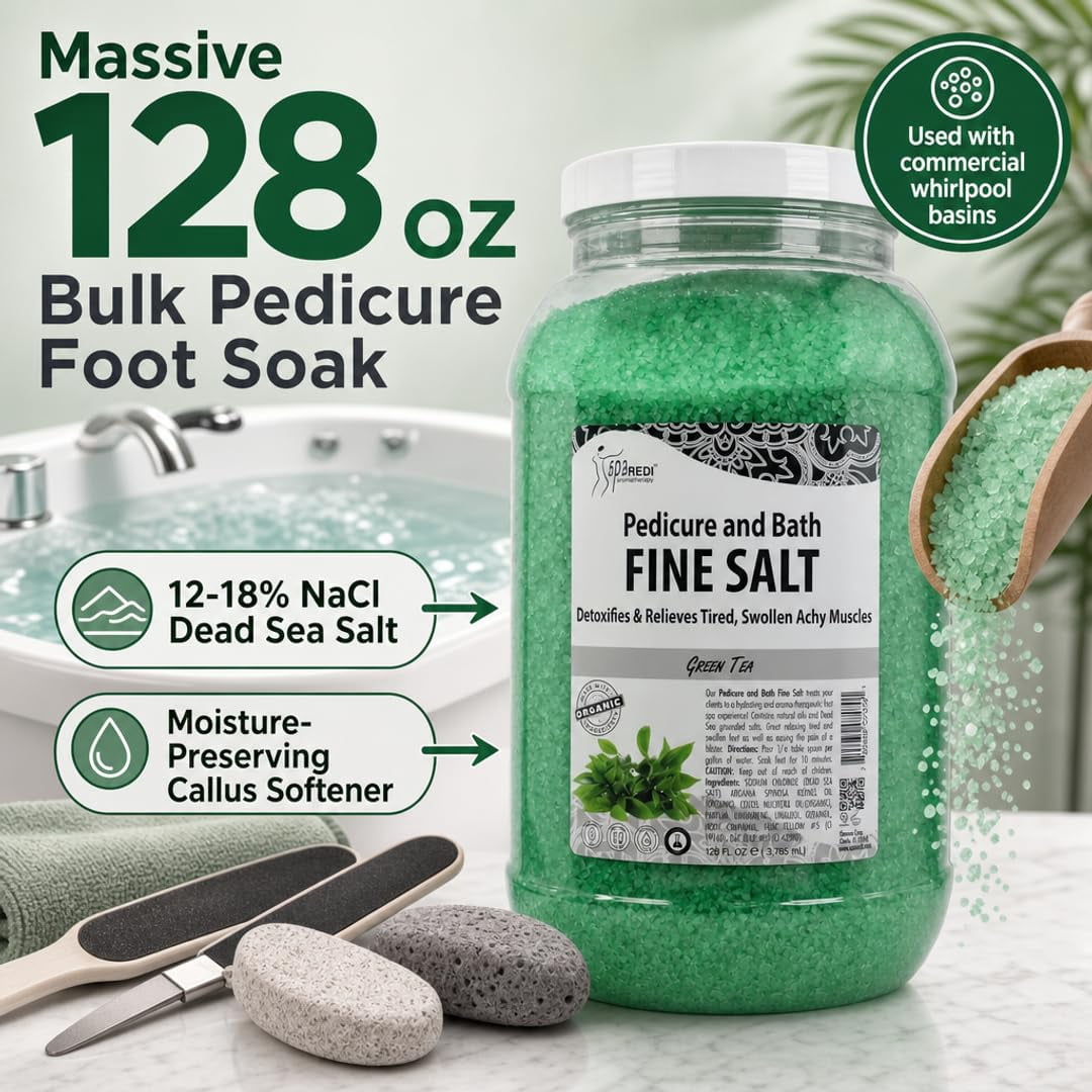 SPA REDI - Detox Foot Soak Pedicure and Bath Fine Salt, Green Tea, 128 Oz - Made with Dead Sea Salts, Argan Oil, Coconut Oil, and Essential Oil - Hydrates, Softens and Moisturizes