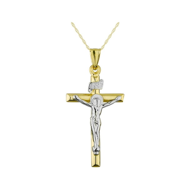 14K Jaune and Or Blanc Crucifix Croix Pendentif Collier avec Chaîne