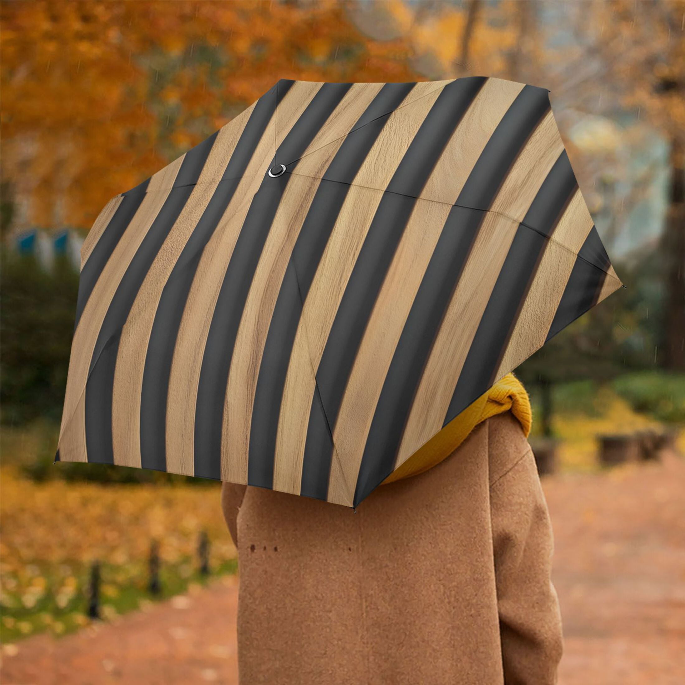 Brown Stripes Folding Umbrella UV50+ Waterproof Sun Protection Auto Open Close Compact Fiberglass Frame