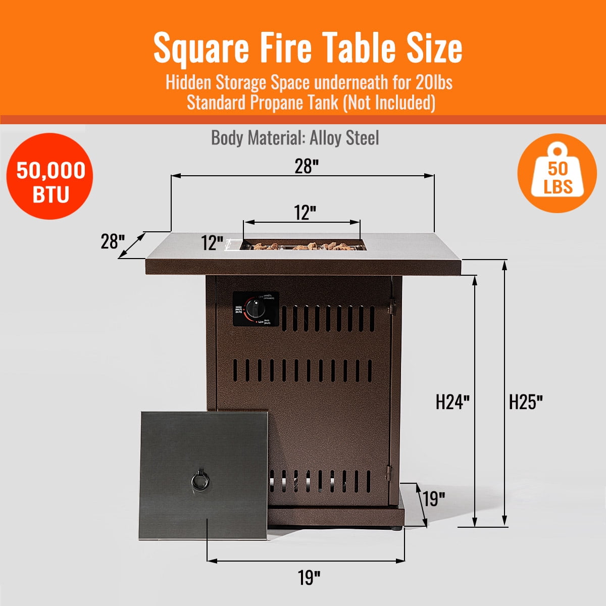 AJ Enjoy 28'' Outdoor Propane Fire Pit Table, 50,000 BTU Auto-Ignition Square Gas Firepit with Painted Steel Tabletop, Lava Rocks, Stainless Steel Lid