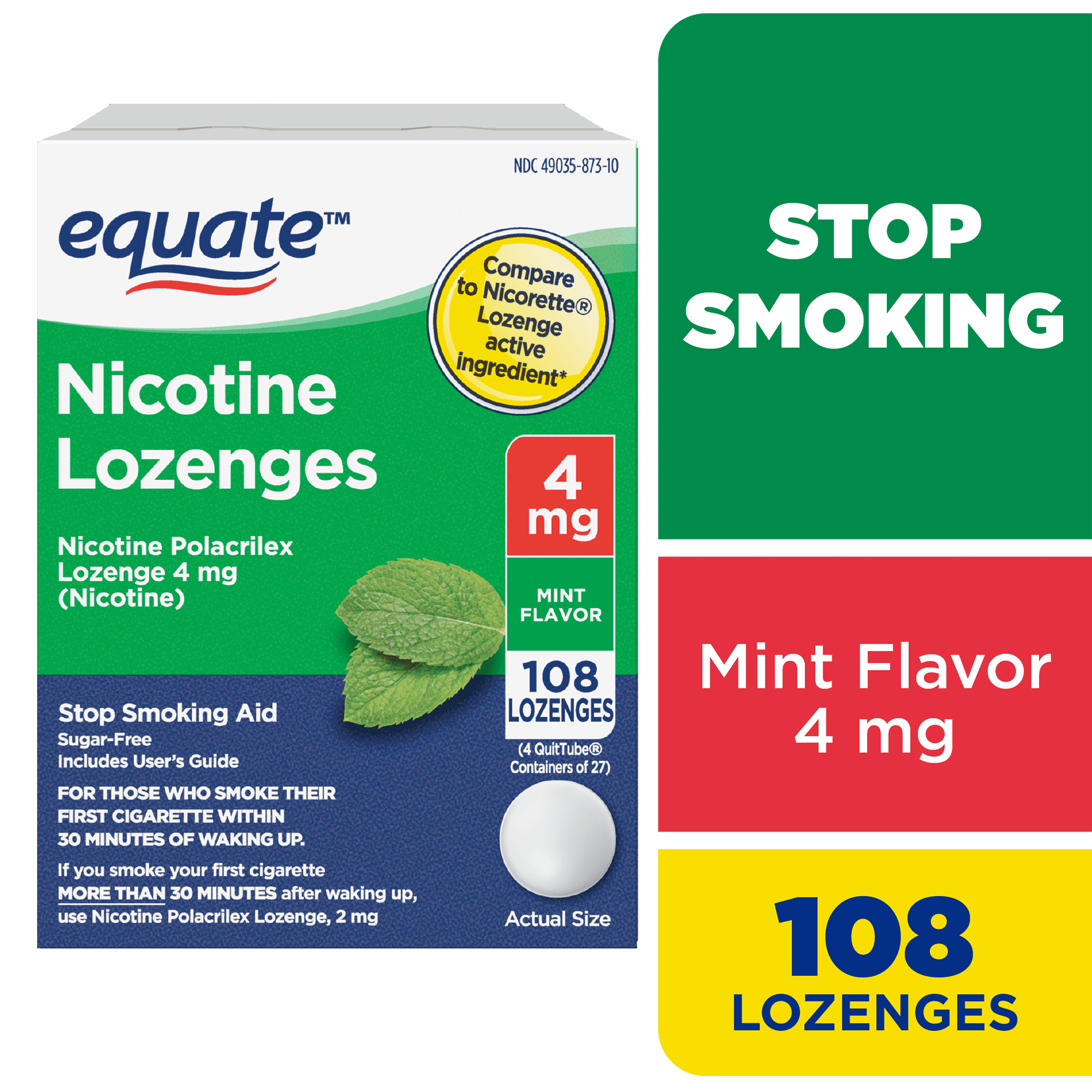 (3 pack) Equate Nicotine Polacrilex Lozenge 4 mg, Mint Flavor, Stop Smoking Aid, 108 Count, Compare to Nicorette® Lozenge Active Ingredient