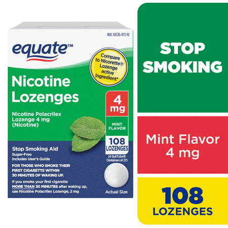 Equate Nicotine Polacrilex Lozenge 4 mg, Mint Flavor, Stop Smoking Aid, 108 Count, Compare to Nicorette® Lozenge Active Ingredient