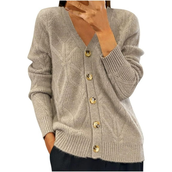Womens Cardigans Lightweigh Solid Color Sweater Coat Long Sleeve V-Neck Knitted Top Single Breasted Jacket Fall Clothes 2024 (Khaki L)