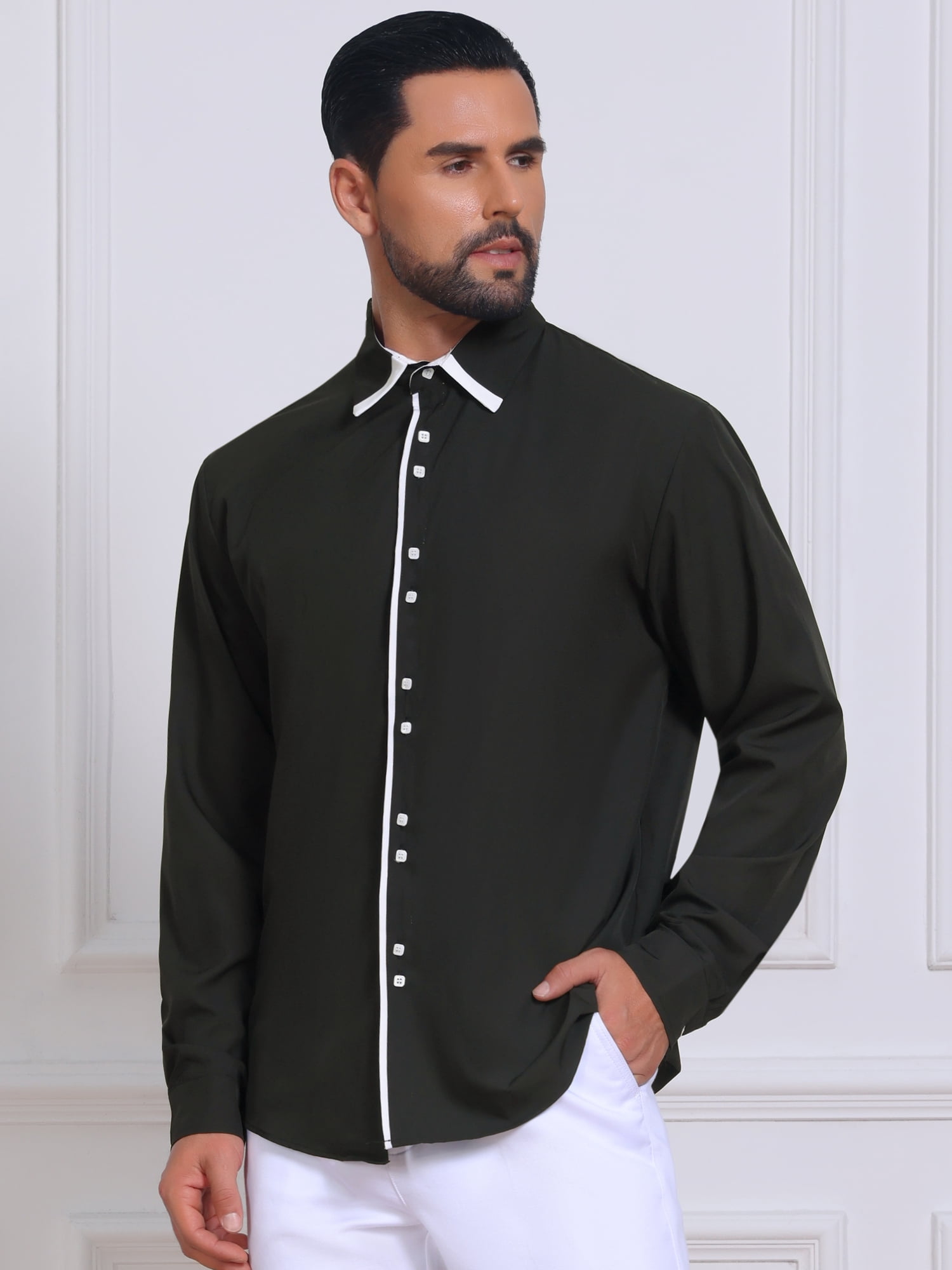 DARING DIVA Men's Contrast Trim Long Sleeve Button Down Formal Shirts M Black