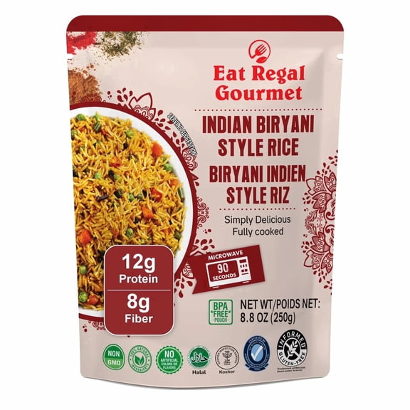 Eat Regal Indian Biryani Rice, Gluten-Free, 12g Protein & 8g Fiber per Pouch, Microwave in 1.5 Minutes, 8.8 oz, pack of 6