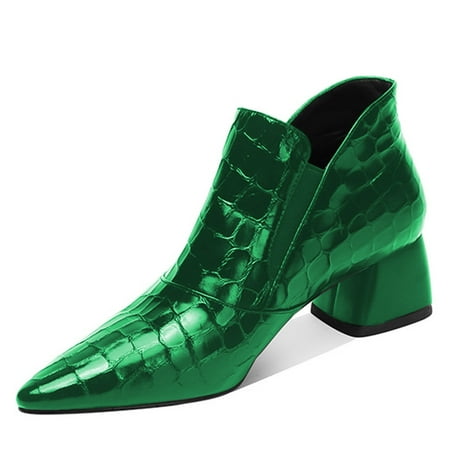 YDN Women Sexy Pointed Toe Ankle Booties Chunky Low Heel Short Boots Pull On Elastic Daily Outdoor Shoes Size 5.5 Dark Green