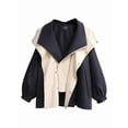 thumbnail image 3 of Female'S Hooded Trench Coat Lapel Button Down Jacket Color Block Mid-Length Windbreaker Black M, 3 of 6
