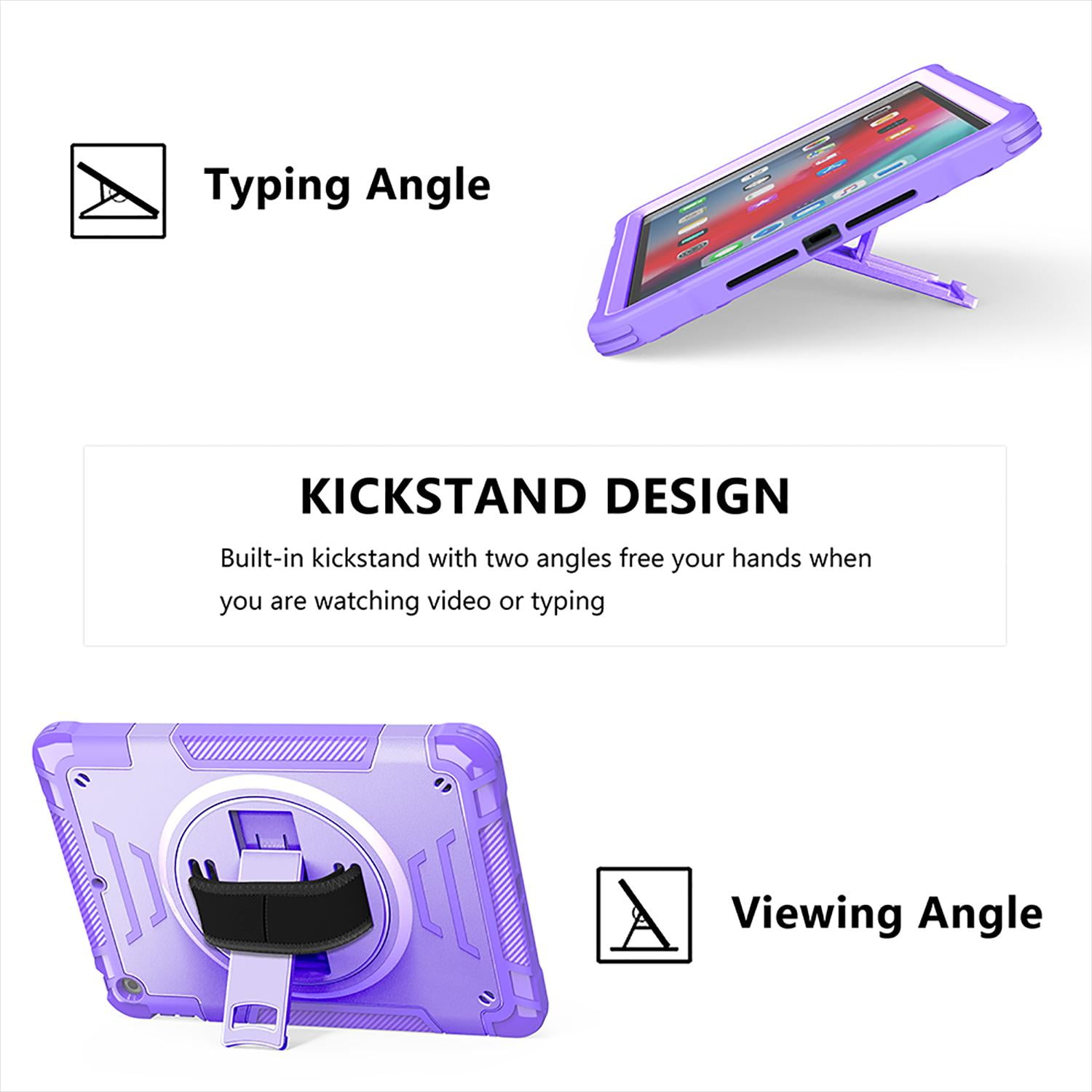 Shockproof Case for Apple iPad 6th 5th Generation, with Pencil Holder Military Grade Protection Rotating Stand Hand Strap Shoulder Strap Bumper Rugged Case for iPad 6th 5th Gen 9.7", Purple