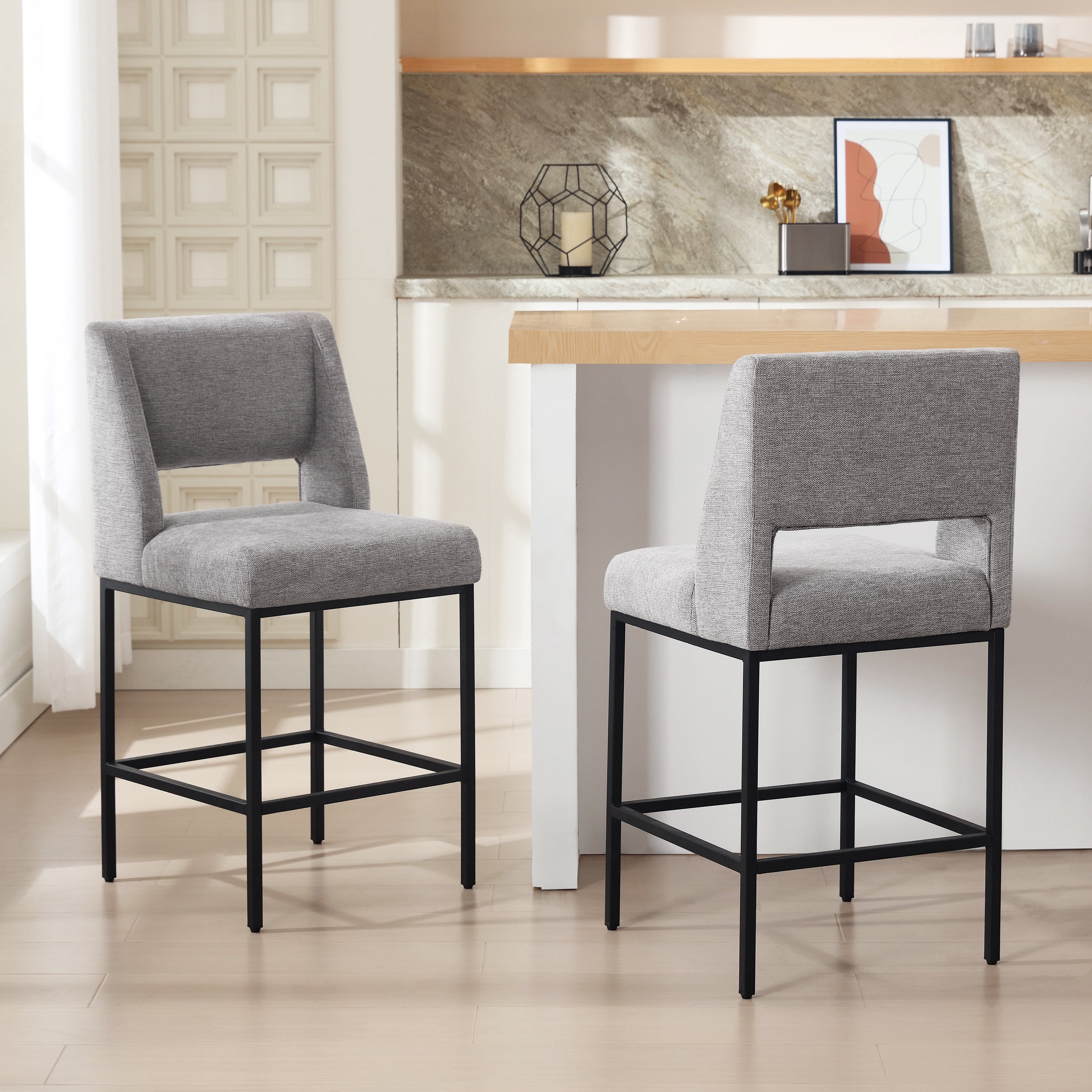 Zesthouse 26.4" Modern Counter Stools Set of 2, Linen Fabric Bar Stools with Back and Metal Legs, Extra Thick Upholstered Counter Height Chairs for Kitchen Island, Gray