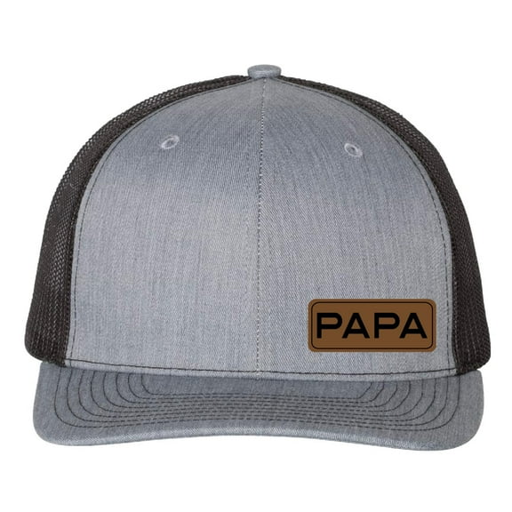 PAPA Vegan Leather Patch Cap, Richardson 112, Dad Hat, Birthday & Father's Day Gift, Richardson Cap (Heather Grey Black)