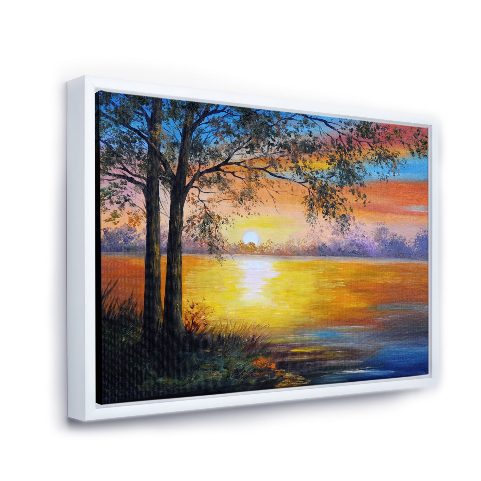 Tree Near The Lake in Evening 32 in x 24 in Framed Painting Canvas Art Print, by Designart