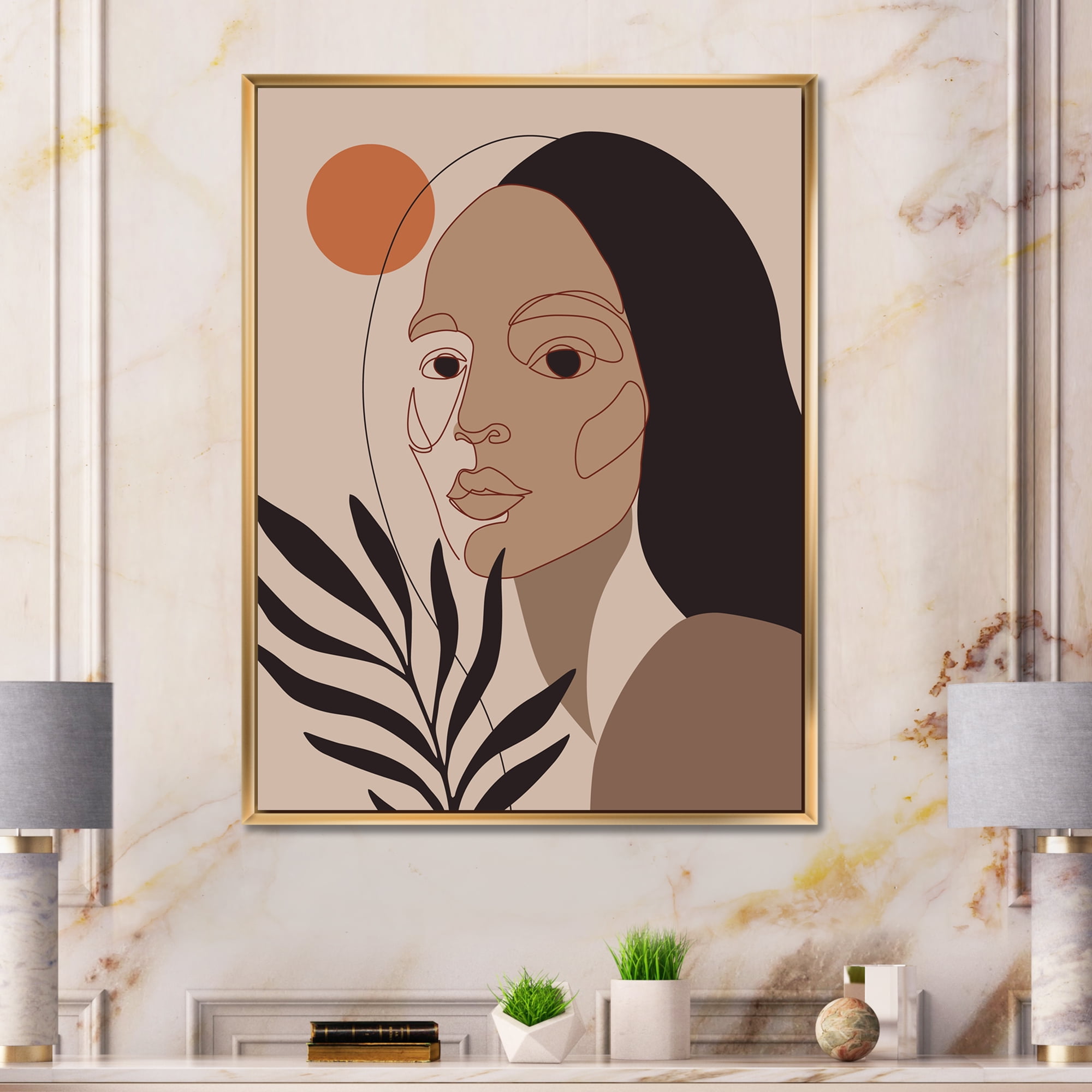 Designart 'Retro Minimal Portrait of Young Girl' Modern Framed Canvas Wall Art Print