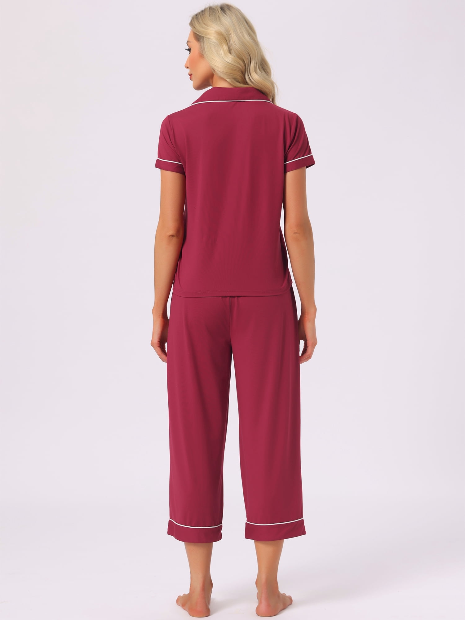 DARING DIVA Women's Capri Pajamas Short Sleeve Button Down Tops with Pants Set XL Red