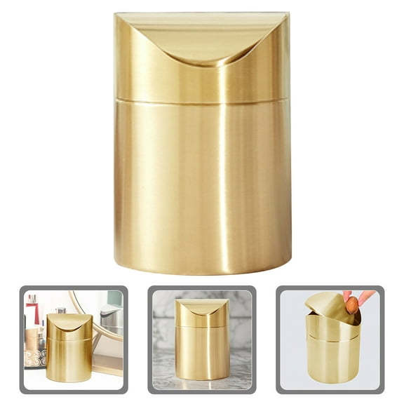 Hemobllo Golden Stainless Steel Desktop Trash Can with Lid, Office Countertop Wastebasket for Home and Workspace