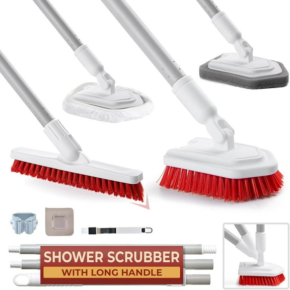 Shower Scrubber with Long Handle, Stiff Bristles Grout-Brush, Tub Scrub-Brush with Long-Handle, Shower-Cleaner Brush, Grout Cleaning Brush for Tile floors, Scouring Pad & Microfiber Cloth for Bat