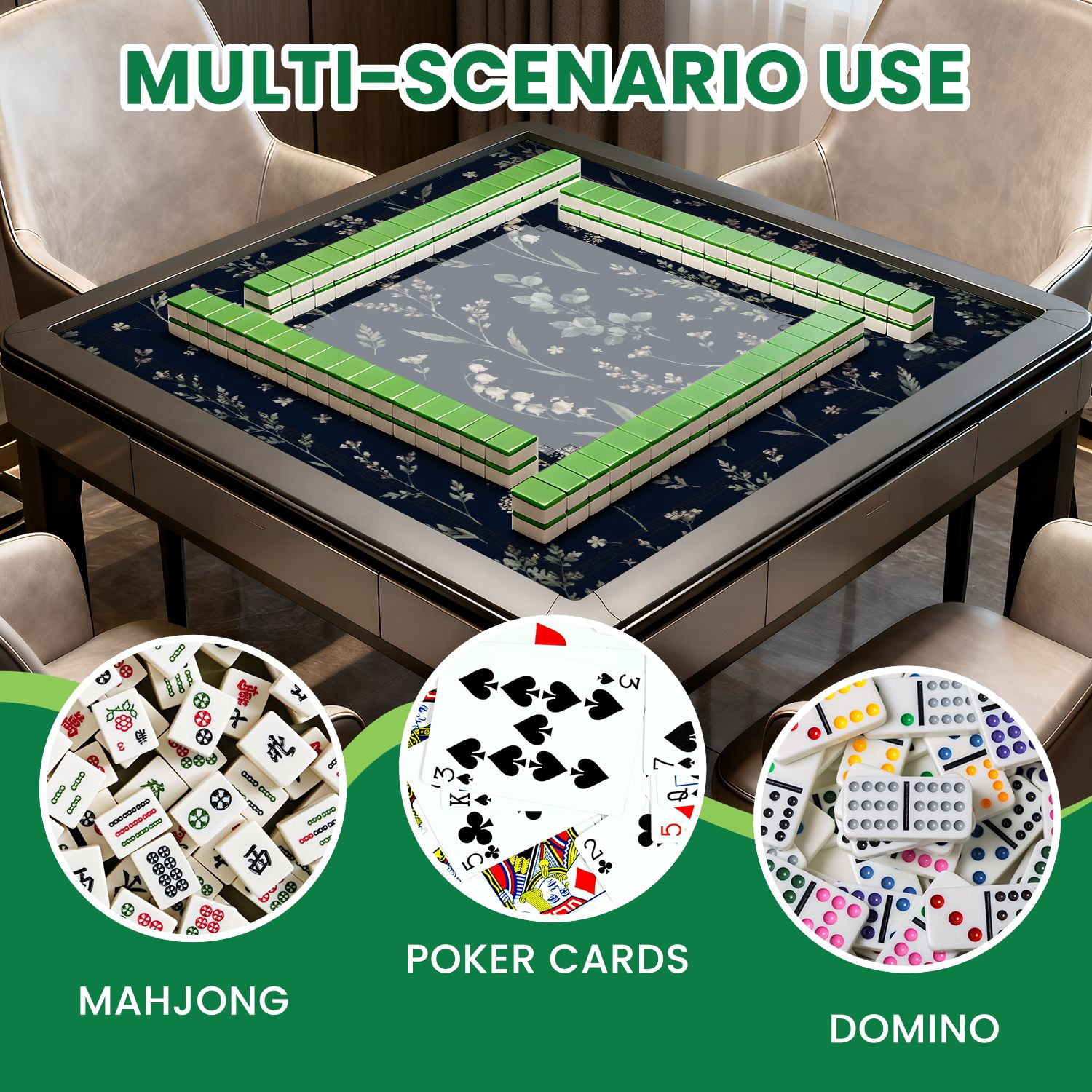 Mahjong Mat 31.5" x 31.5" Elegant Botanical Delicate Flowers Dark Non-Slip Noise Reduction American Mahjong Tiles Table Cover for Dominoes Poker Card Board Games Gift