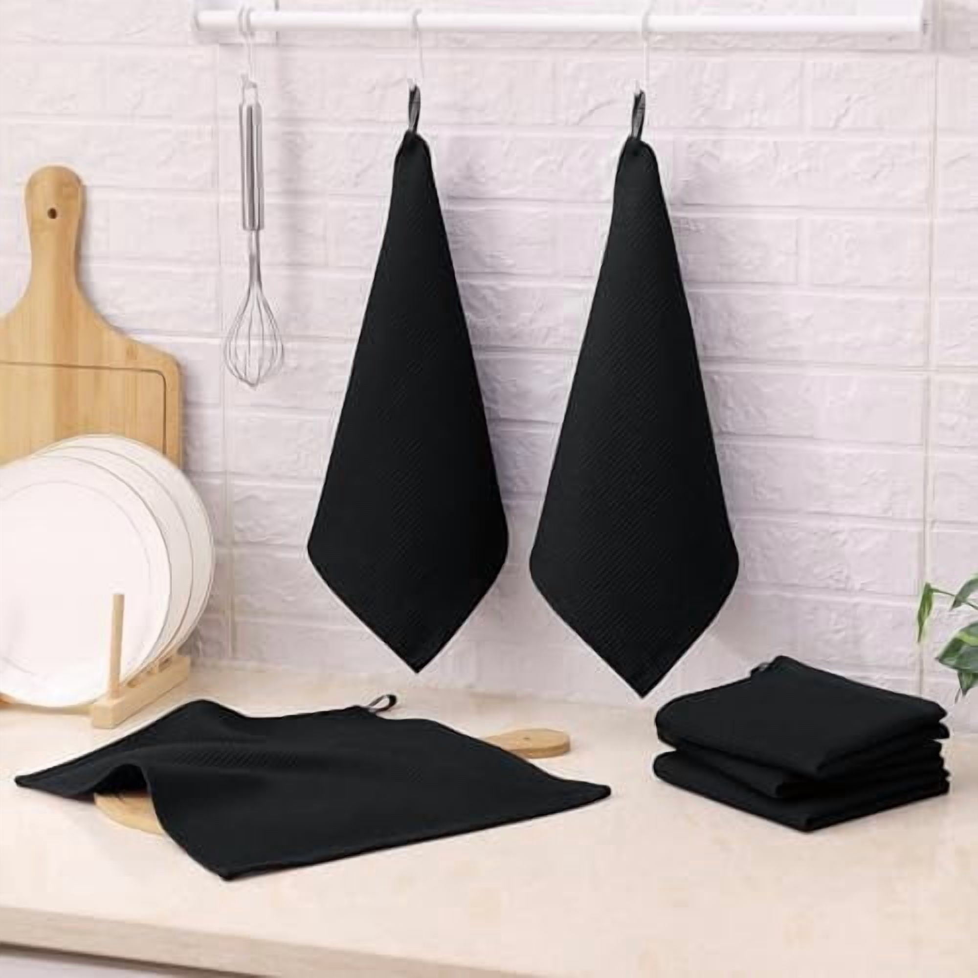 100% Cotton Waffle Weave Dish Cloths - 12 Pack Soft and Absorbent Dish Towels - 12 x 12 Inches Quick Dry Dish Rags - Black