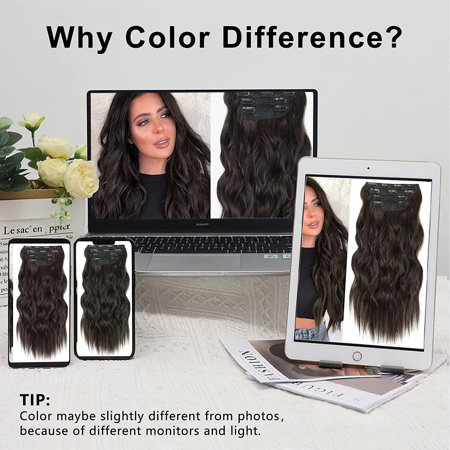 Clip in Long Wavy Synthetic Hair Extension 24 Inch Dark Brown 4PCS Thick Hairpieces Fiber Double Weft Hair for Women