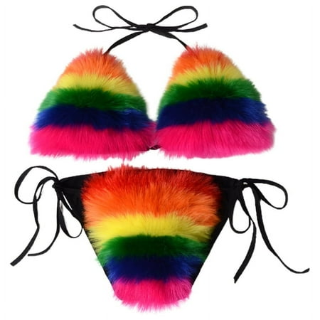 GENEMA Women Summer Sexy 2 Piece Bikini Set Faux Fur Rainbow Striped Halter Swimsuit Tie Side Bottom Bralette Plush Bathing Suit Party Clubwear