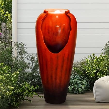 30.7" H Concrete Vase Water Fountain, Modern Cascading Waterfall Feature with LED Lighting and Pump, Perfect for Indoor or Outdoor Home and Garden Decor, Red