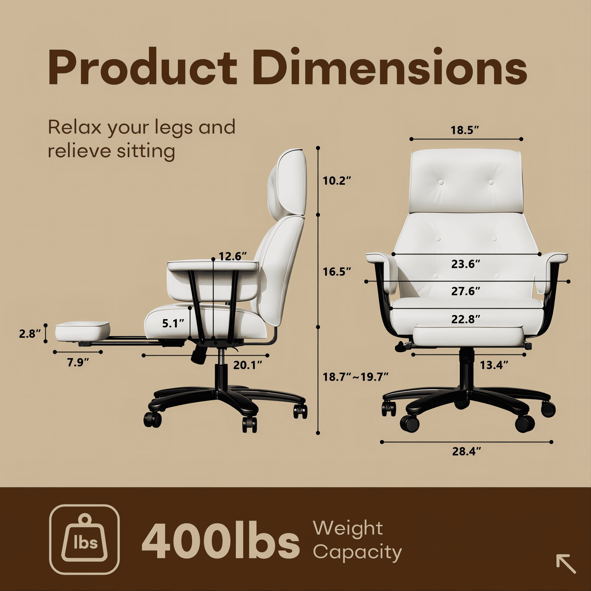 HomeZeer Big and Tall Office Chair 400LBS, Reclining Office Chair with Footrest and Wide Seat, Executive Desk Chair with High Back,Comfortable Computer Task Chair for Home Office, White