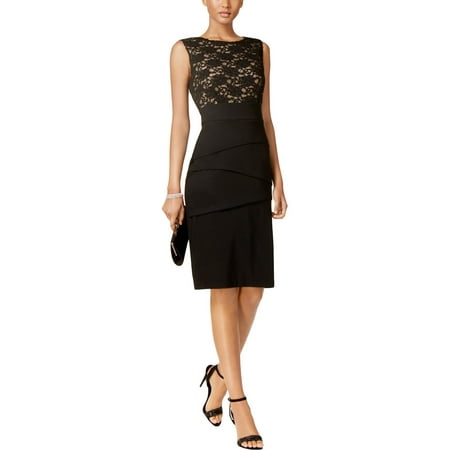 CONNECTED Womens Black Tiered Lace Sleeveless Jewel Neck Knee Length Sheath Cocktail Dress Size: 8