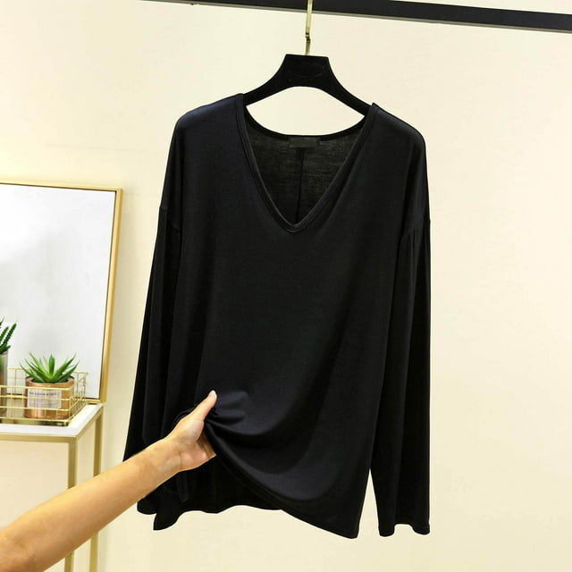 Blusa de pijama de manga larga para mujer, lisa, informal, a la moda, con cuello en V, de manga larga, para dormir, pijama para mujer