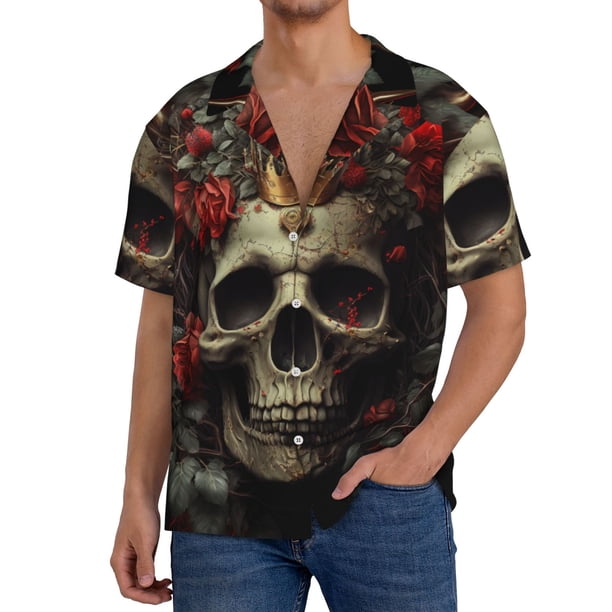 Balery Classical Rose Crown Skull Camisa Casual de Manga Corta con Botones para Hombre, Texturizada, Estilo Cubano, para Playa, Verano-Small