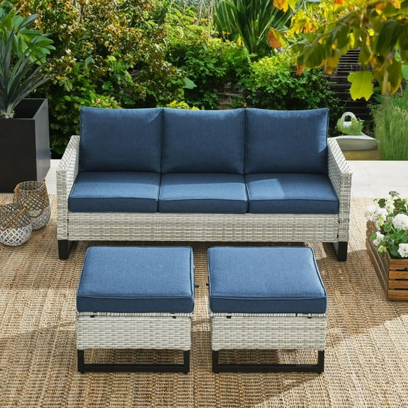 PARKWELL Outdoor Sectional Furniture Sets - 3 Pieces Patio Conversation Set with Cushioned Sofa and Ottomans - Blue
