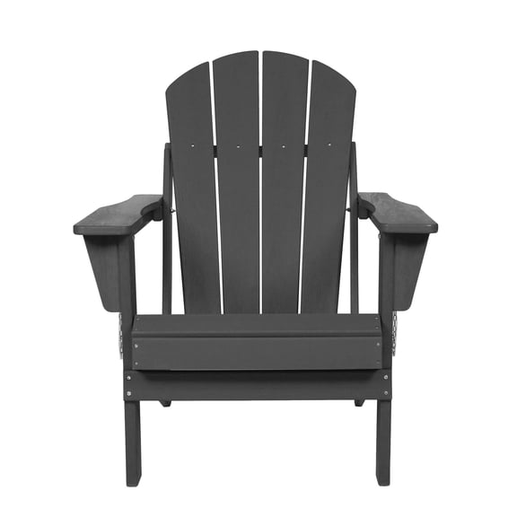 TopComfy HDPE Folding Adirondack Chair with Dual Cup Holder Composite Wood Texture Outdoor Patio Garden Lounge Gray