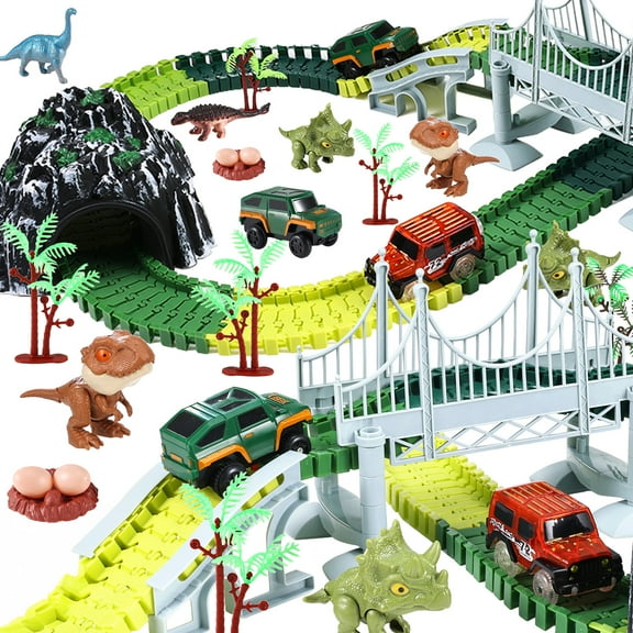Anpro Dinosaur Race Car Track Set for Boys, 240pcs Flexible Track Playset, Create a Dinosaur World Road Toys for Boys Age 3 