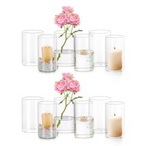Set Of 6 Glass Tealight Candle Holders | Clear Hurricane Cylinders, Modern Centerpiece Decor