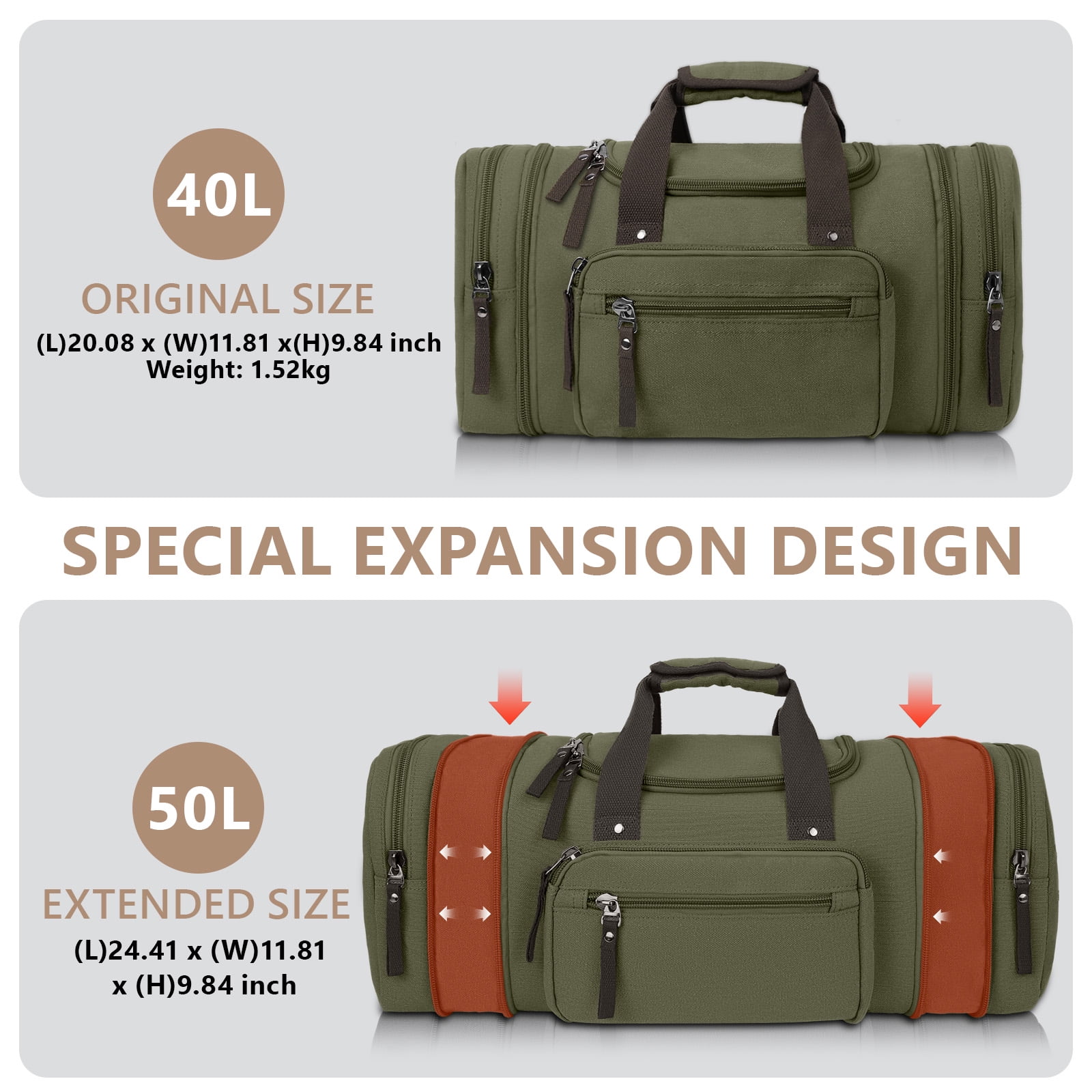 DAKOMM Canvas Duffle Bag 50L, Duffle Bag for Travel Expandable Duffel Bags Waterproof Weekender Overnight Travel Bag Gym Carry On Luggage Bag for Men & Women (Army Green)
