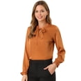 thumbnail image 1 of Camisa de satén elegante para mujer, cuello con volantes, blusa de oficina de trabajo de manga larga, top Caramelo L, 1 of 6