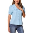 thumbnail image 4 of Camisa Chambray INSPIRE CHIC para mujer con cuello Peter Pan, mangas abullonadas, blusa de mezclilla vintage en azul Beau, 4 of 6