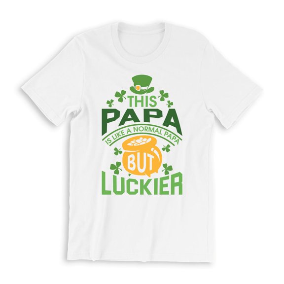 This Papa is a Normal Papa But Luckier Men's White T-Shirt Green Hat Pot of Gold Design St. Patrick's Day Funny Holiday Dad Shirt