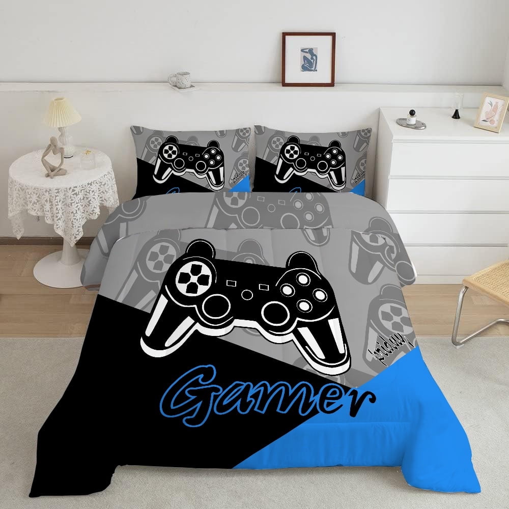 Psoiuetr Gaming Comforter for Kids Boys Teens Video Game Bedding Set Gamer Comforter Gamepad Comforter Set Queen Size Blue Black Gray 3 Pieces
