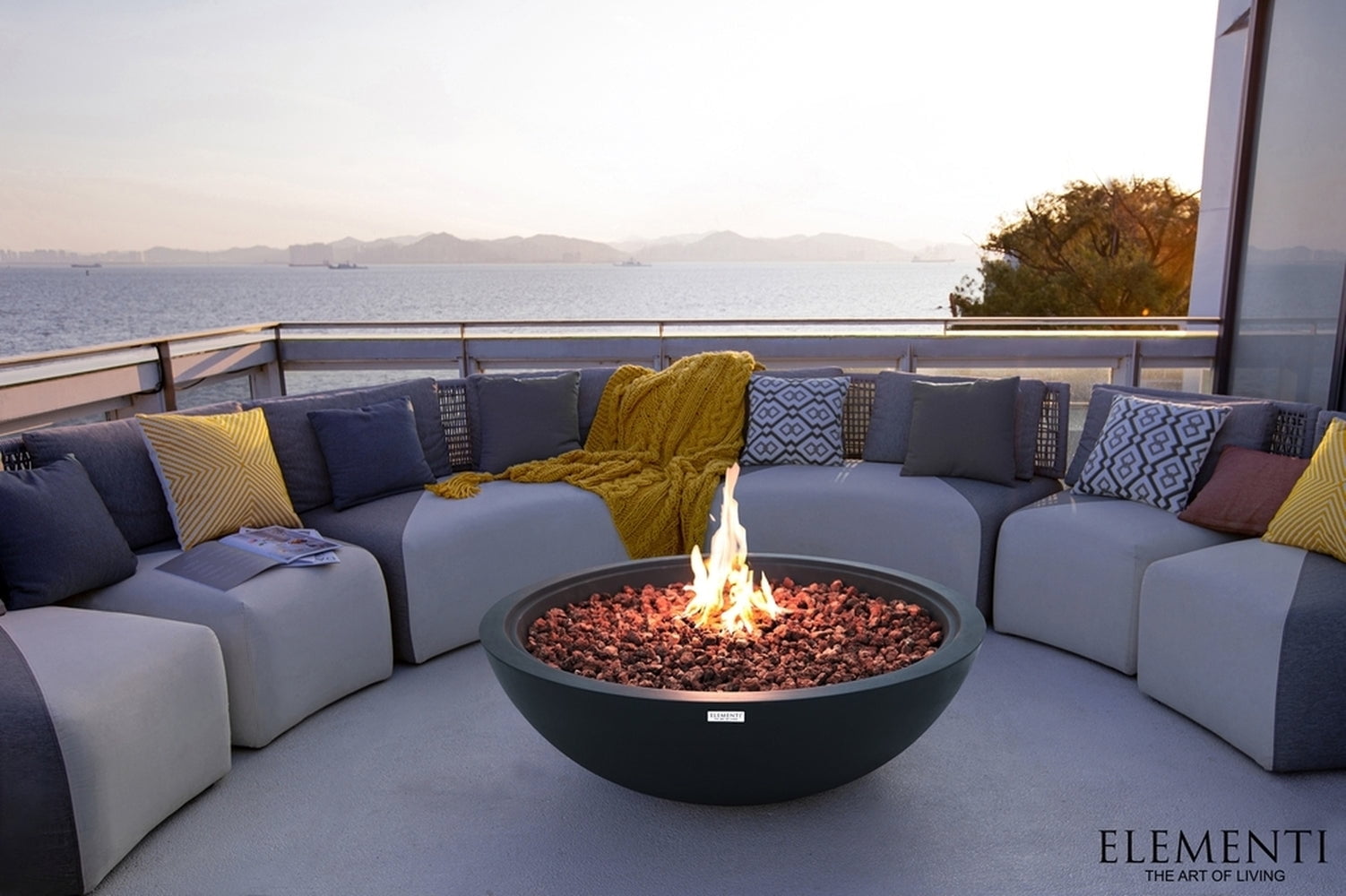 Sol Living Rose Bowl Natural Gas Fire Pit for Outside Outdoor Firepit Table Firepit Concrete Fire Table Patio Heater Fireplace Lava Rock 60,000 BTUs - Dark Grey, 48 x 48 Inches