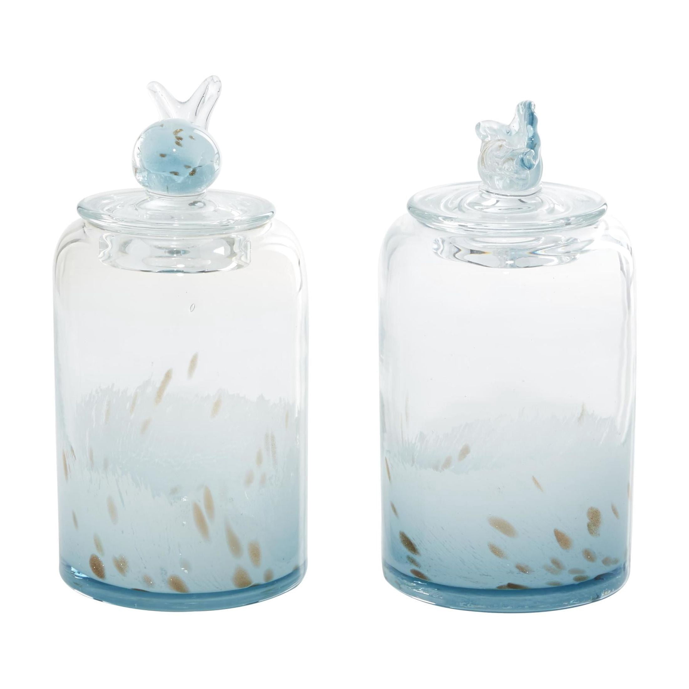 DecMode 5"W, 9"H Blue Glass Shell Handmade Decorative Jars with Whale and Seashell Tops, 2-Pieces
