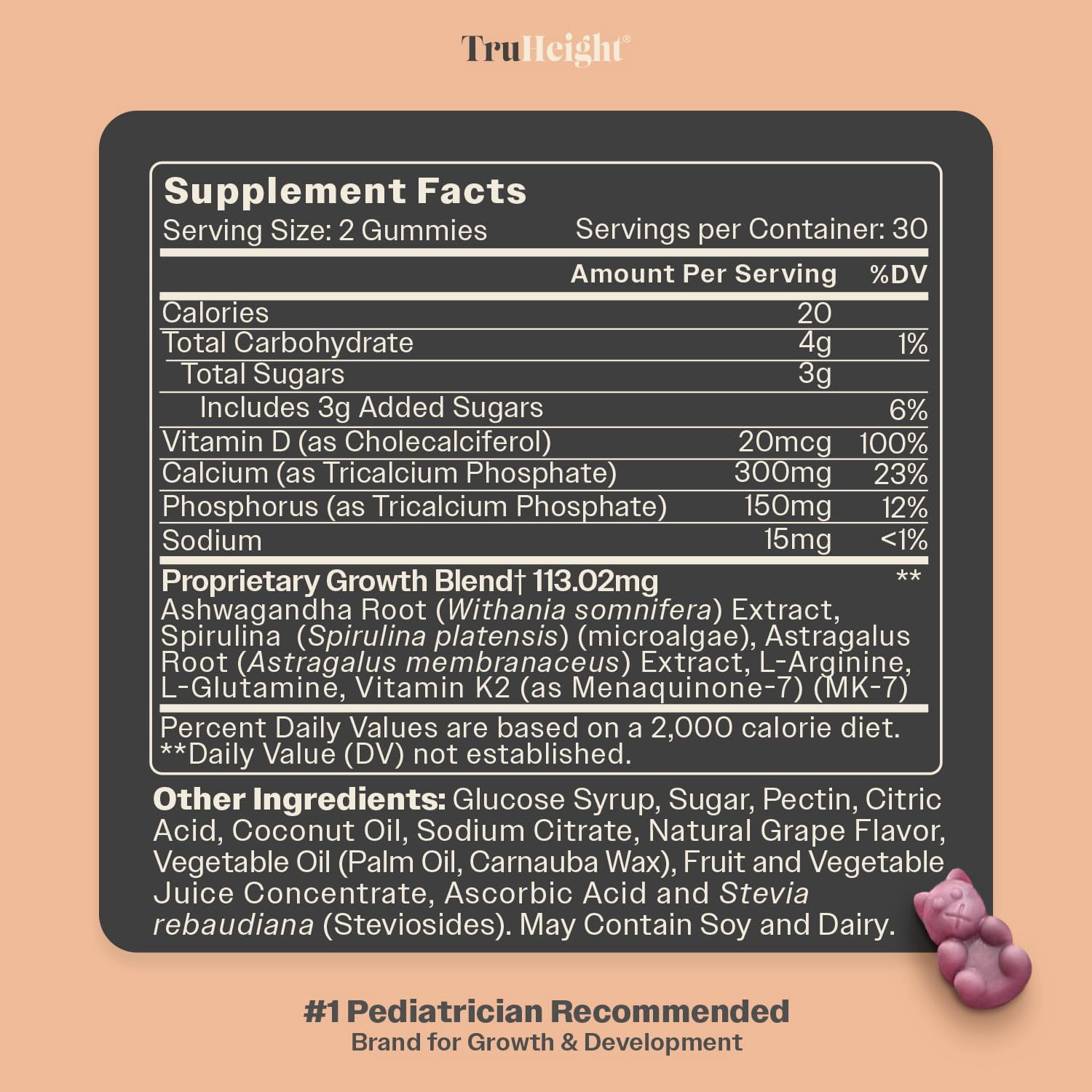 TruHeight Growth Gummies (Grape) Tall Nutrition for Natural Growth Supplement for Kids & Teens - Vitamin D, K, Calcium & Ashwagandha, Bone Strength Vitamins D3 K2, Picky Eater, Taller Ages 5+