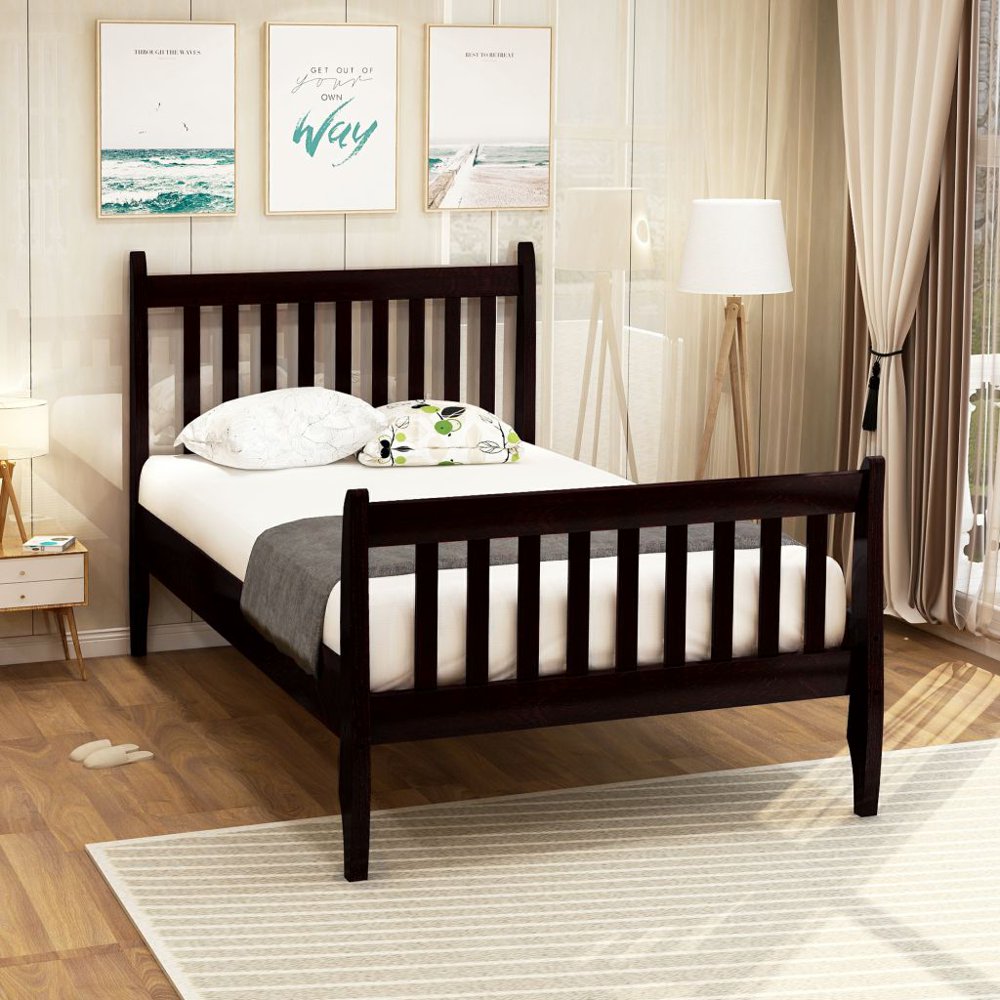 Wood Bed Frame Twin Size, Retro Rustic Style Platform Bed Frame