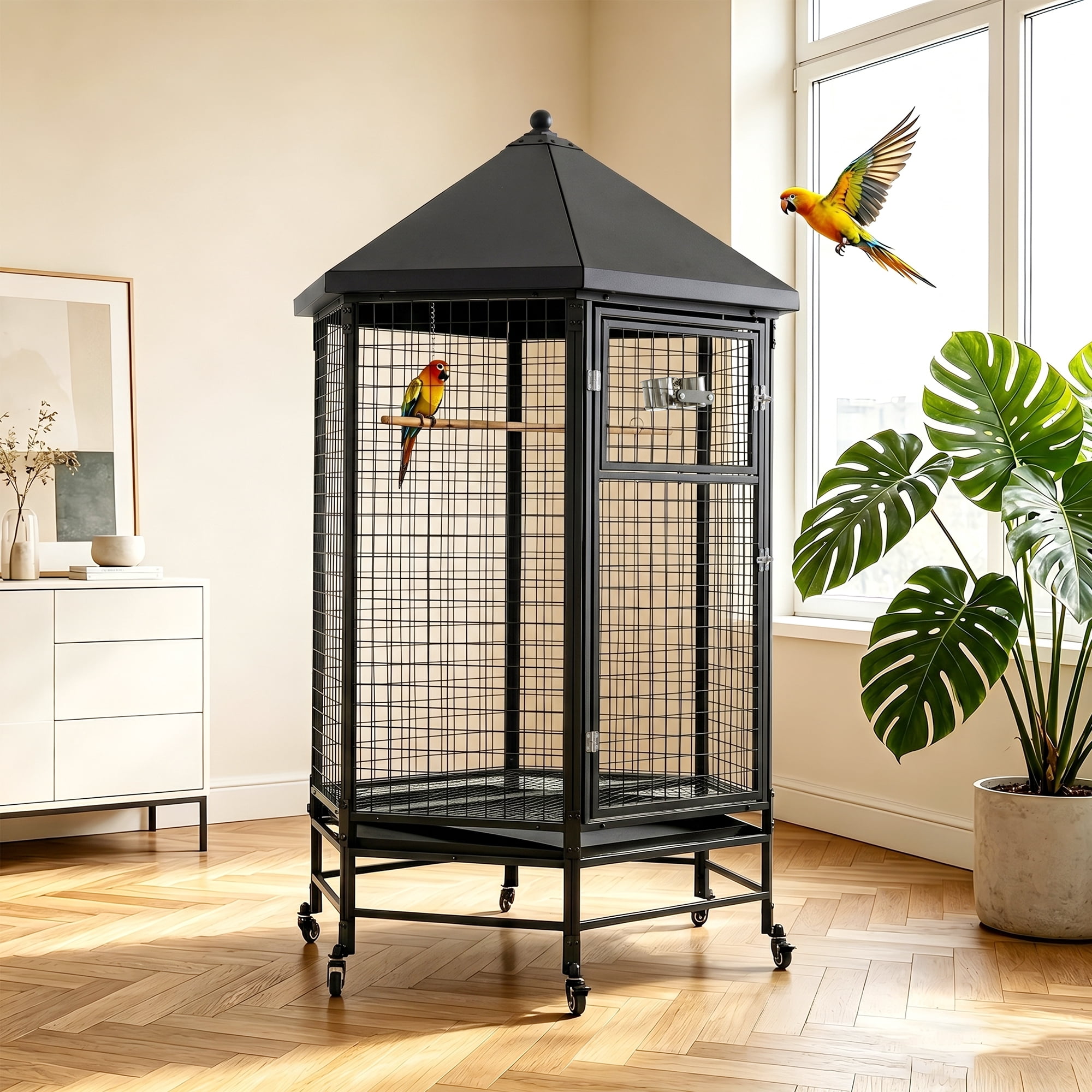 Okeysen Large 69" Hexagon Rolling Metal Bird Cage with Stand and Removable Trays