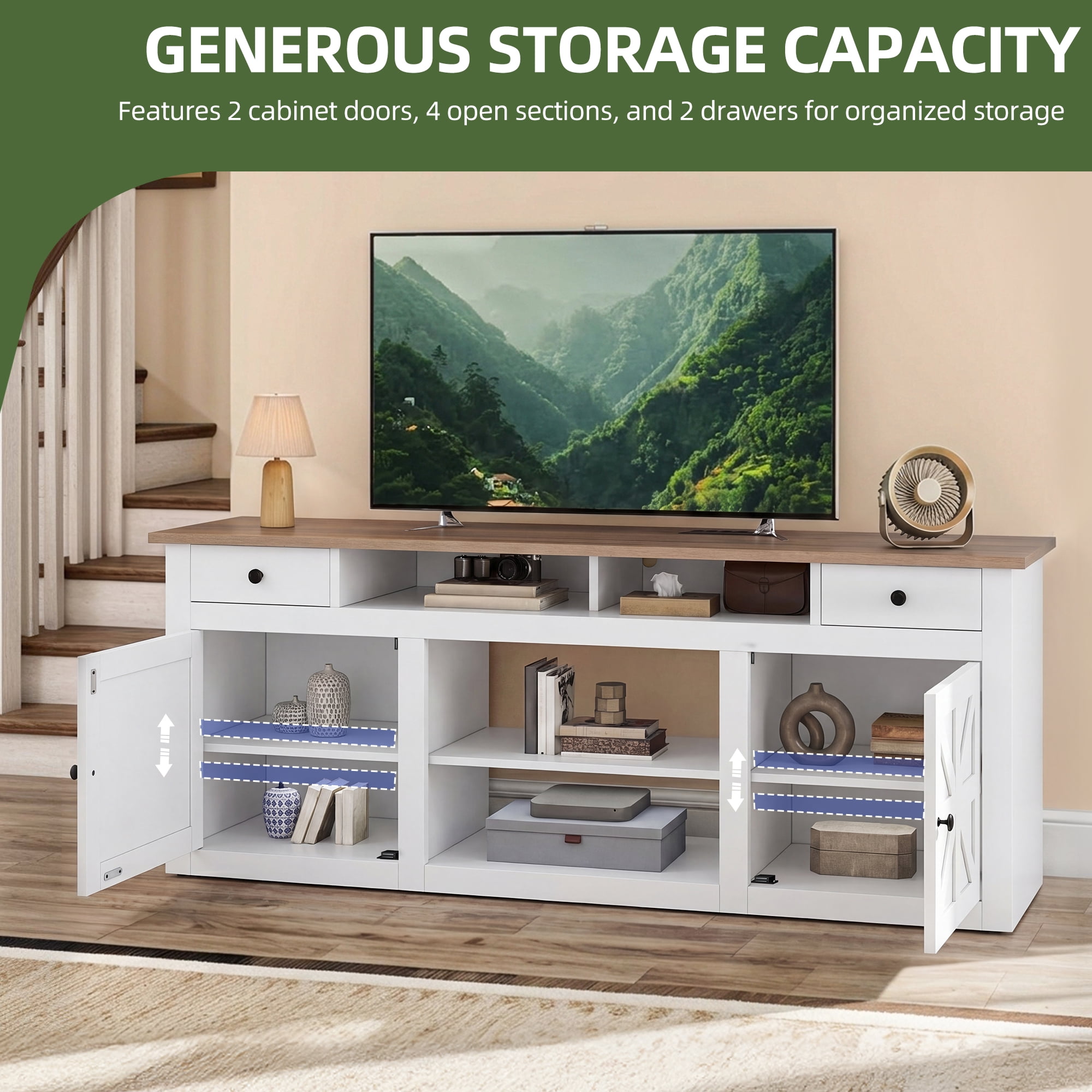 Uforic Farmhouse TV Stand for 75/80 Inch TV, Rustic Entertainment Center with Power Outlet, Storage Drawers, TV Console for Living Room, White