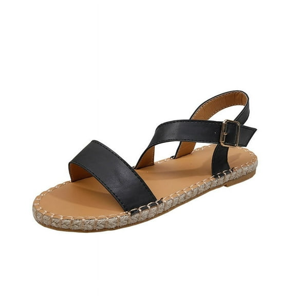 Anuirheih Women's Fashion Casual Flat Crystal Beach Comfortable Buckle Strap Sandals Shoes Sandals Women (Black)