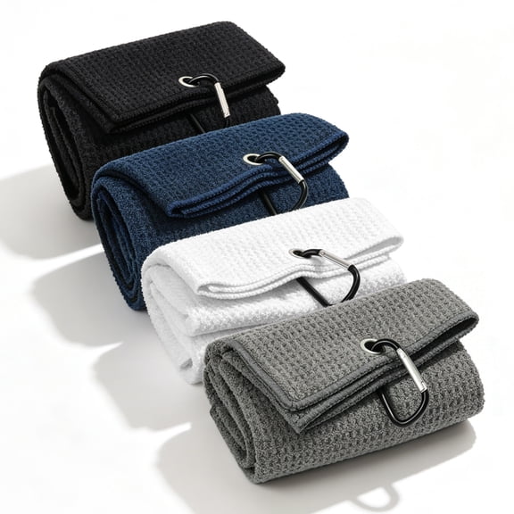 Surprizo 4 Pack Large Golf Towels, 16" x 24" Tri-Fold Portable Microfiber Fabric Waffle Pattern Golf Towel for Golf Bag with Carabiner Clip to Quickly Remove Sand, Mud, Dirt and Sweat