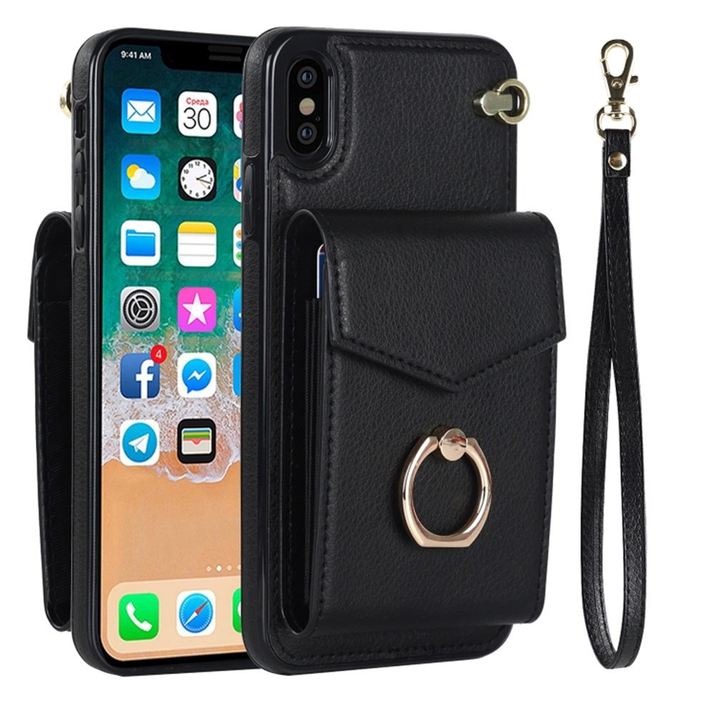 For iPhone XS Max Case Premium PU Leather Accordion Folding Wallet &Card Holder With RFID Shielding Material Phone Case ，with Adjustable Ring Holder And Wristband,black,For iPhone XS Max