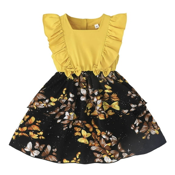 Girls Floral Dress Girls Ruffle Dress Princess Dress Easter Dresses Sundress #Yellow 5-6 Years