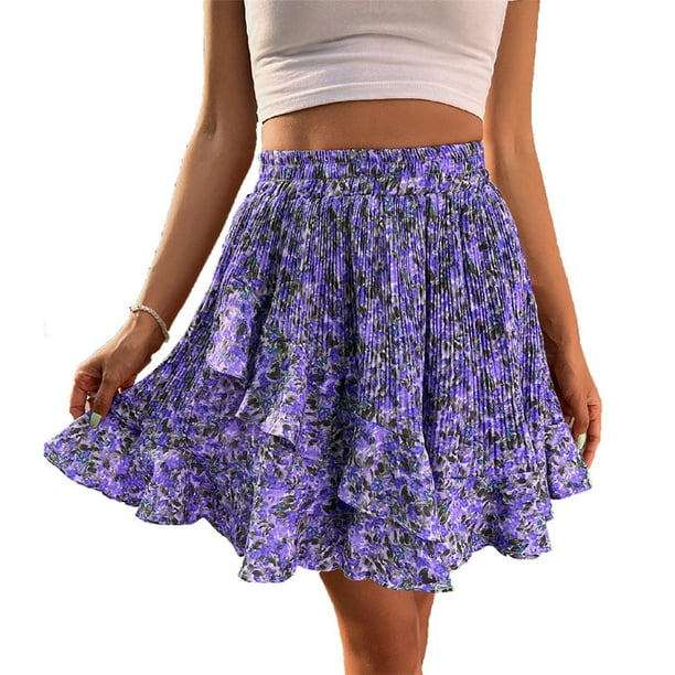 Guardurnaity Minifalda estampada de cintura alta para mujer, faldas holgadas elásticas florales plisadas de poliéster para fiestas de banquetes y Prendas para la parte inferior del cuerpo Violeta S