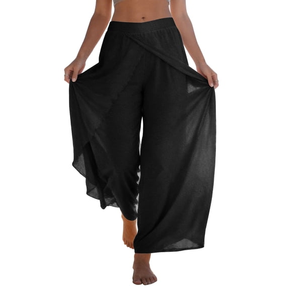 WULMLEO Womens Linen Wide Leg Split Skirt Pants Boho Loose Palazzo with Elastic Waist Drawstring 2026 Beach Vacation Pants Black 3XL
